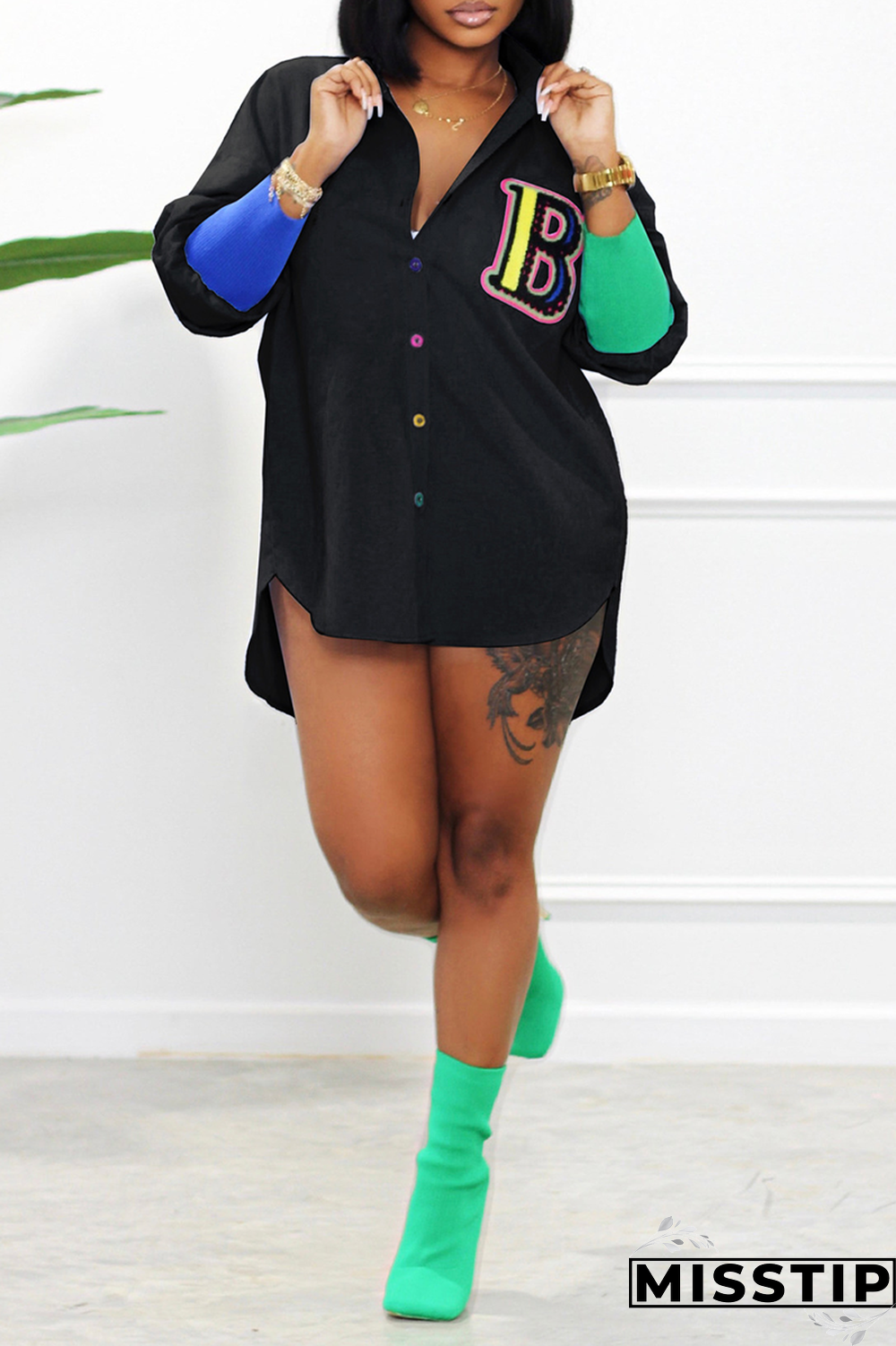 Black Casual Print Patchwork Turndown Collar Shirt Dress Dresses