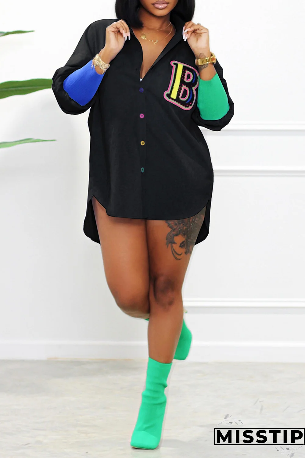 Black Casual Print Patchwork Turndown Collar Shirt Dress Dresses