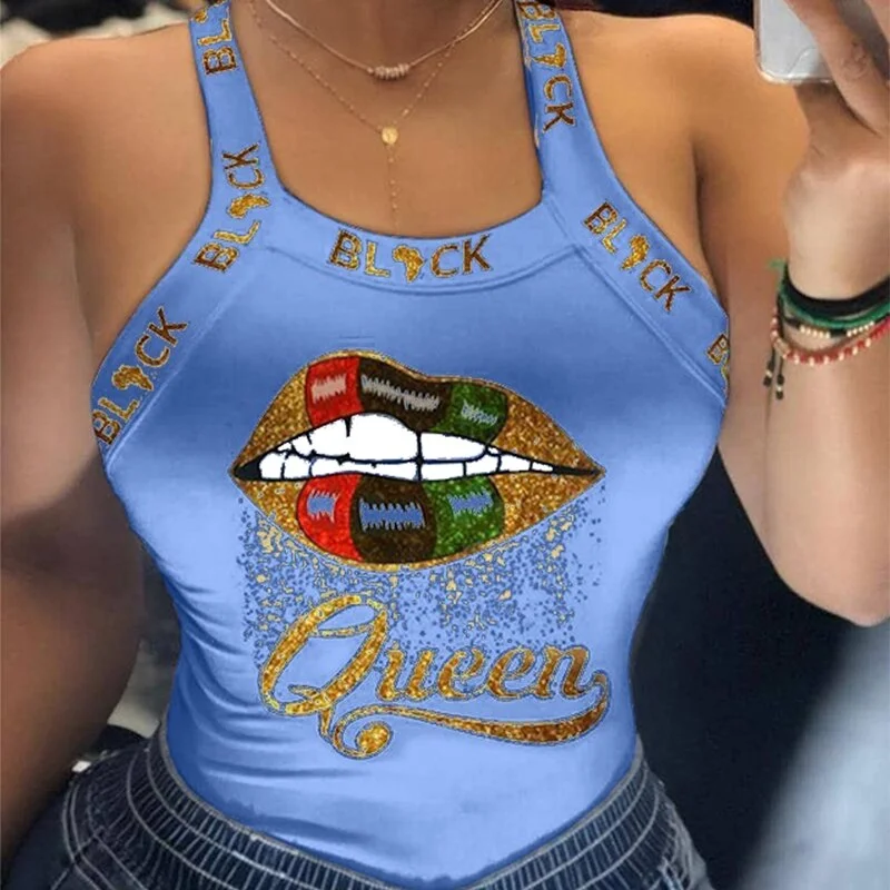 Fashion Plus Size 5XL Letter Lip Print Sleeveless Crop Top Women Summer Clothes Casual Tank Tops Female Skinny Tee Shirt Y2K