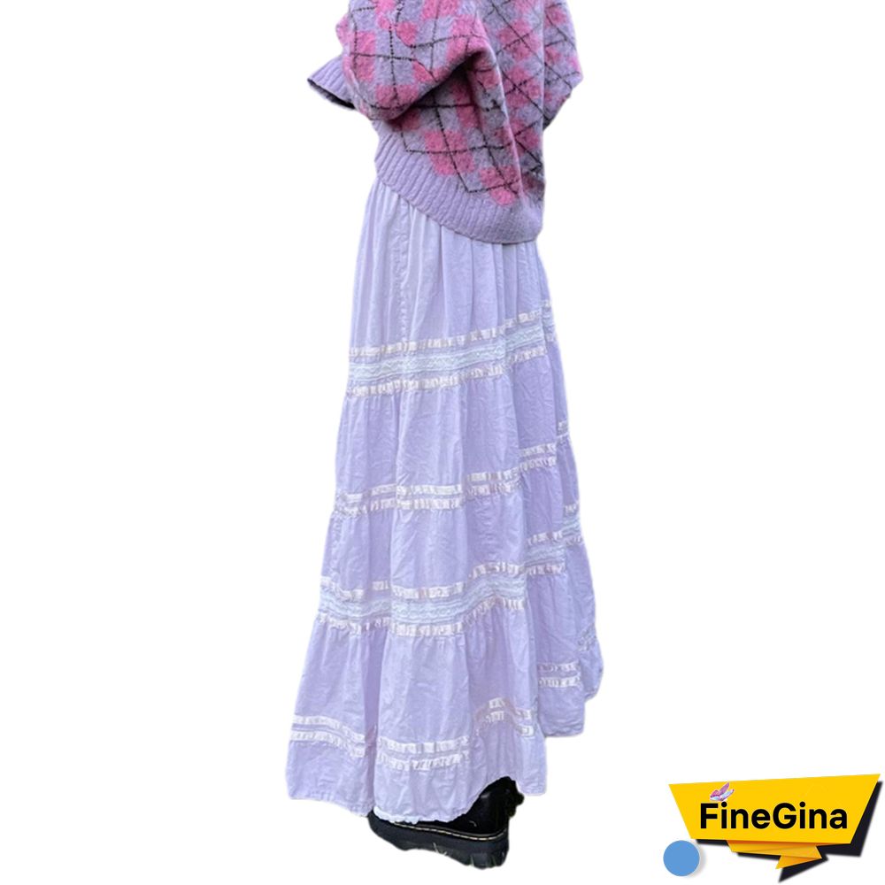 Fairy Grunge Long Skirt Aesthetic High Elastic Waist Tie Up Skirts Y2k Women Lace Patchwork Skirt Streetwear