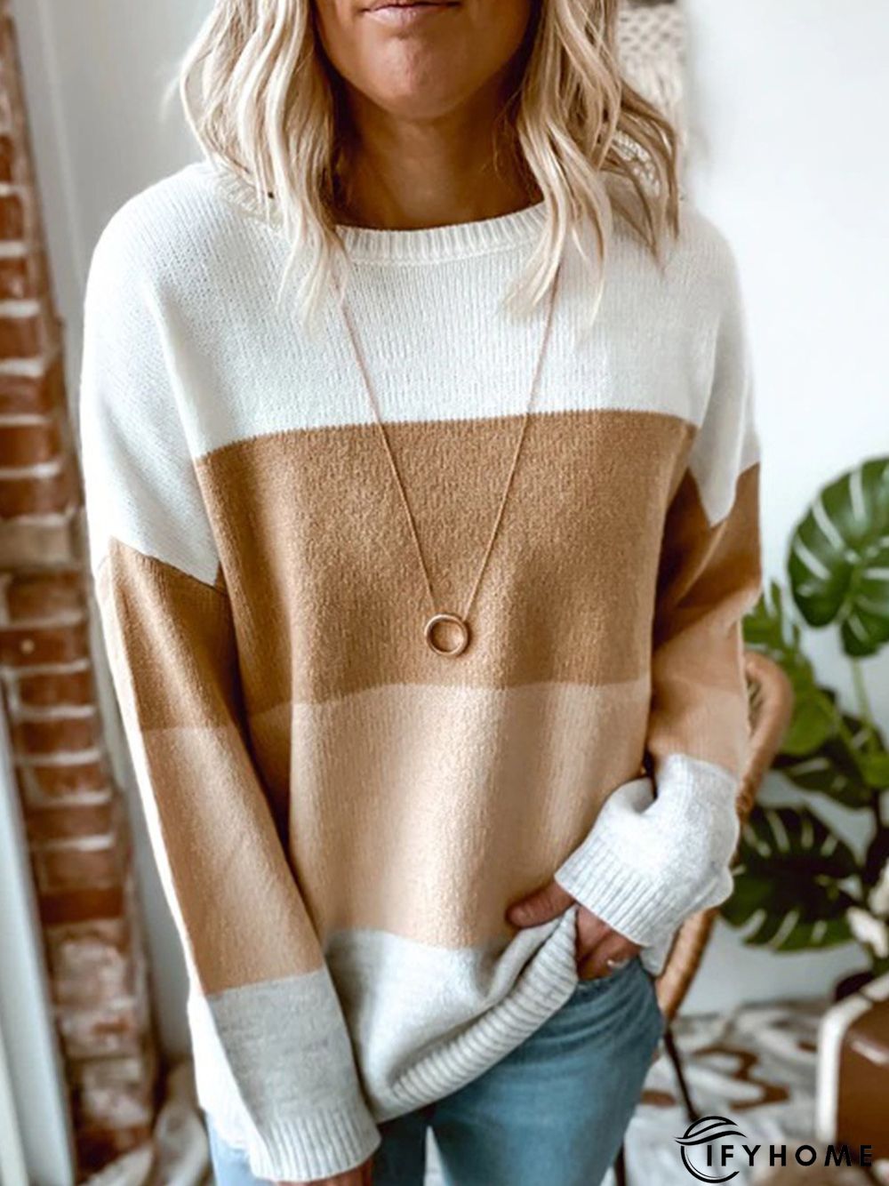 Khaki Casual Color-Block Cotton-Blend Round Neck Tunic Sweater Knit Jumper | IFYHOME