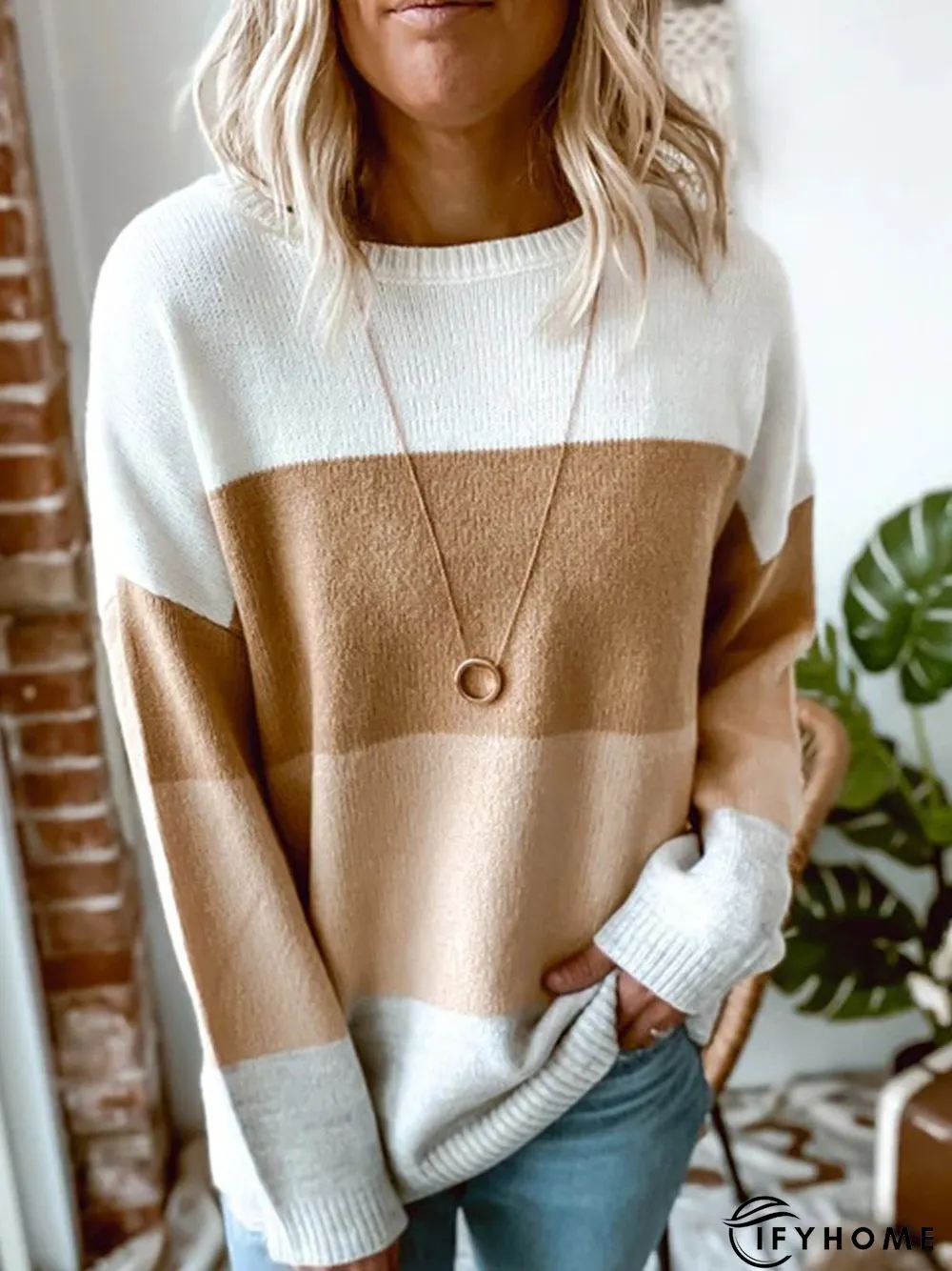 Khaki Casual Color-Block Cotton-Blend Round Neck Tunic Sweater Knit Jumper | IFYHOME