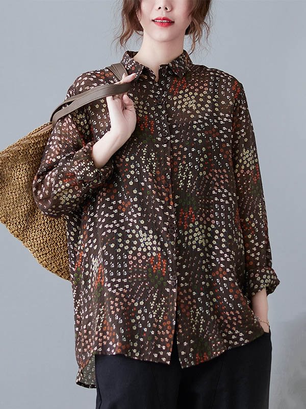 Vintage Floral Printed Lapel Blouse