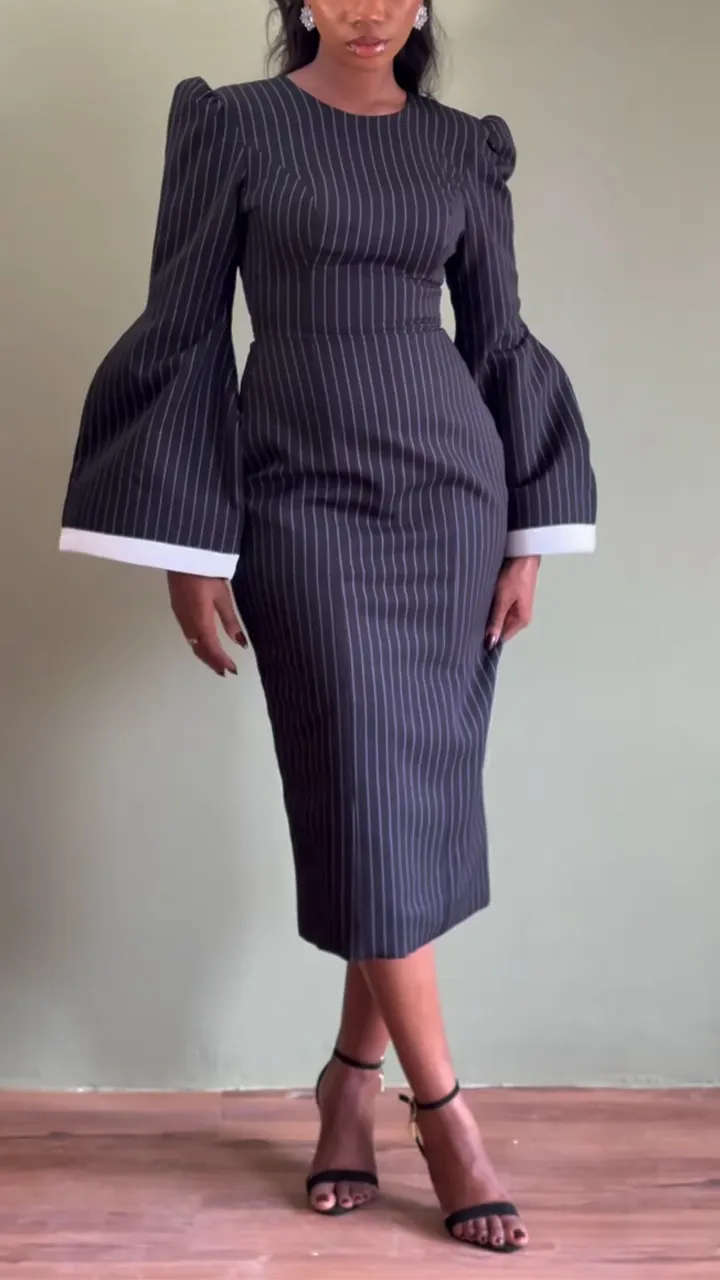 Women Round Neck Waist Cinched Flared Sleeve Design Elegant Temperament Dress