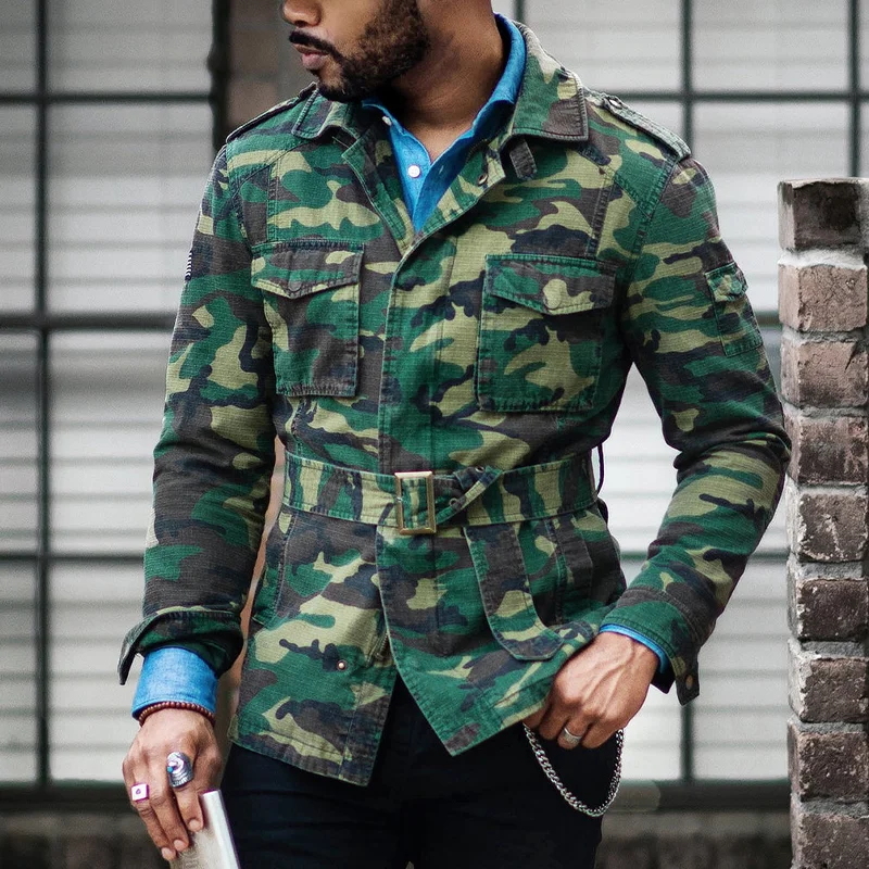 Fashion Men's Camouflage Belt Long Sleeve Jacket