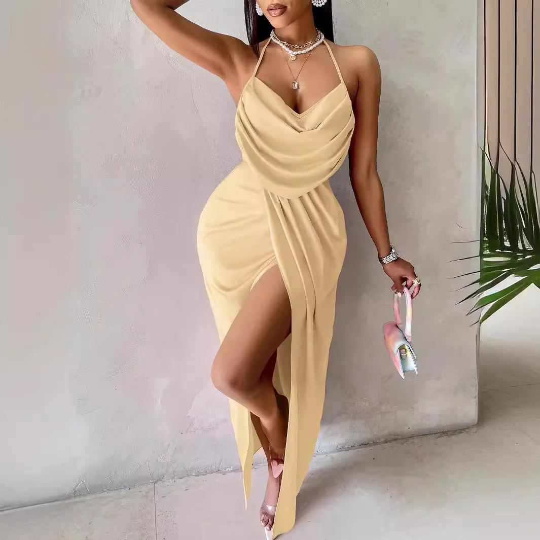 Woherb Woherb Casual Women's Wear 24 Years Hot Selling Pure Color Pocket Collar Sling With Pleated Slit Dress-Outfit Ideas