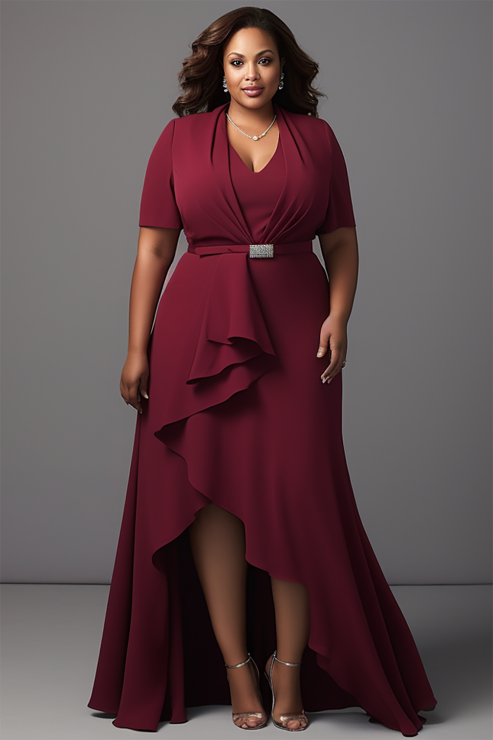 Design Plus Size Mother Of The Bride Elegant Burgundy V Neck Short Sleeve Flounce Knitted Maxi Dresses (With Belt) [Pre-Order]