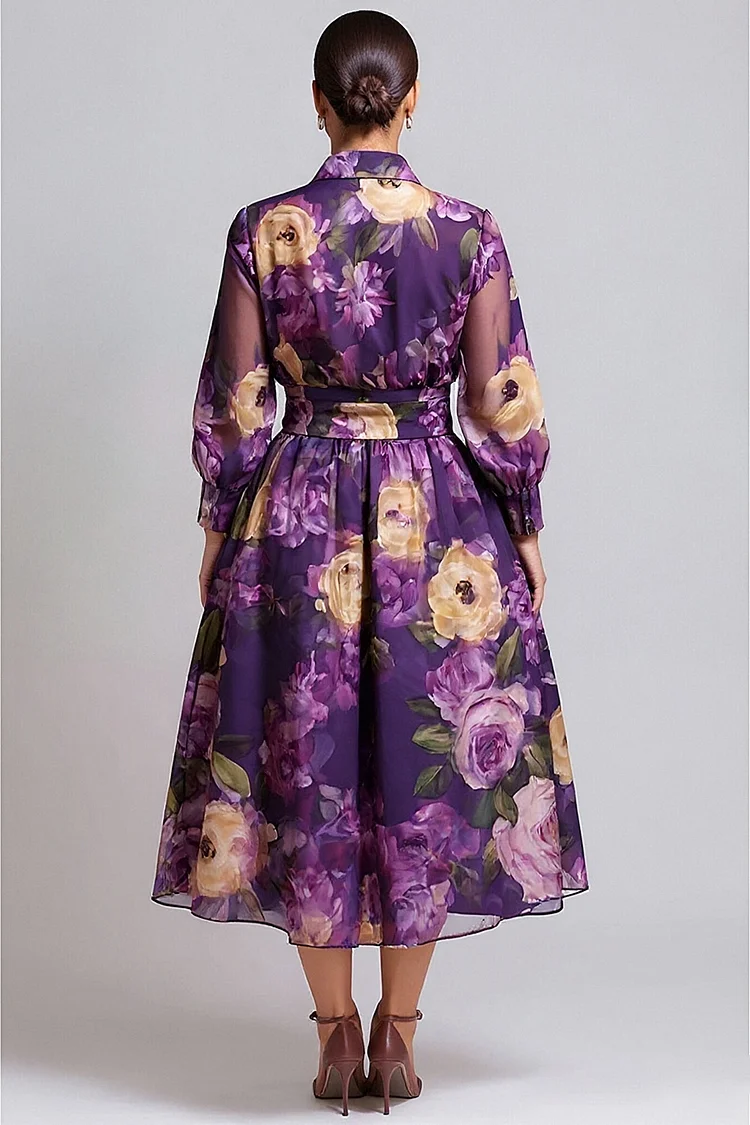 Xpluswear Design Plus Size Wedding Guest Purple Floral Shirt Collar Long Sleeve Pocket Elegant Wrap Midi Dresses [Pre-Order]