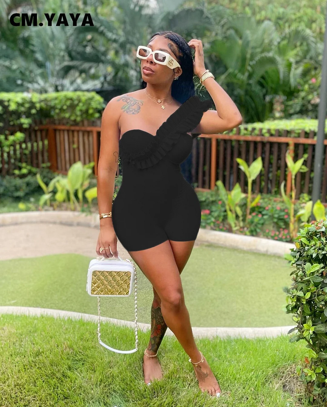 CM.YAYA Women Ruffles Spicing One Shoulder Sweetheart Neck White Bodycon Stretch Romper and Playsuit 2022 Summer Sexy Overall