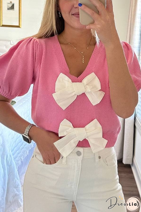 V-Neck Short-Sleeved Double Bow Solid Color Sweater