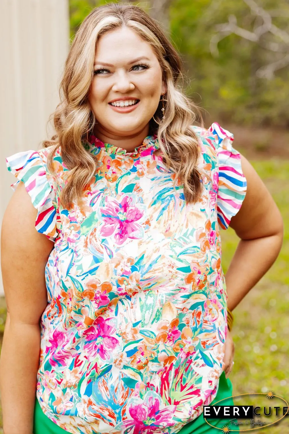 Multicolor Plus Sizie Striped Ruffle Sleeve Floral Blouse