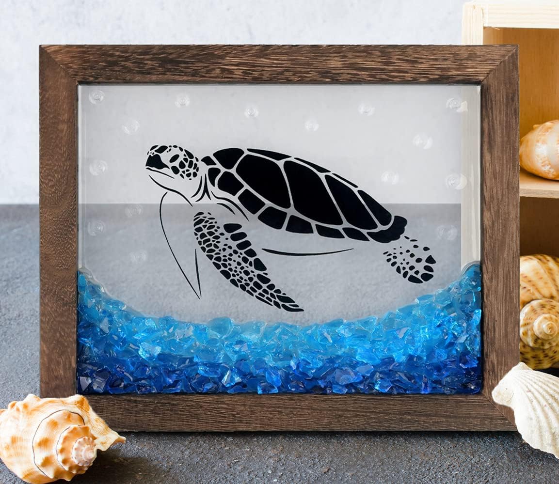 Sea Turtle Window Ocean Glass Art, Framed Beach Theme Decor 10 inch x 8 inch , Rustic Coastal House Wall Hanging for Bathroom Living Room Bedroom Turtle