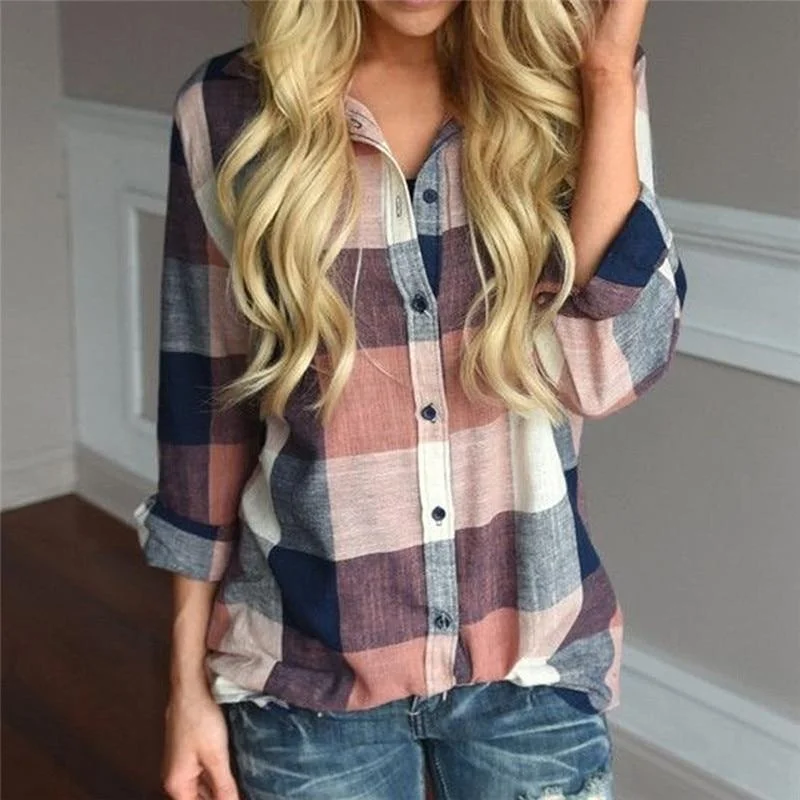 Fashion Women Casual Matching Color Long Sleeve Button Loose Plaid Shirt Top Blouse | IFYHOME