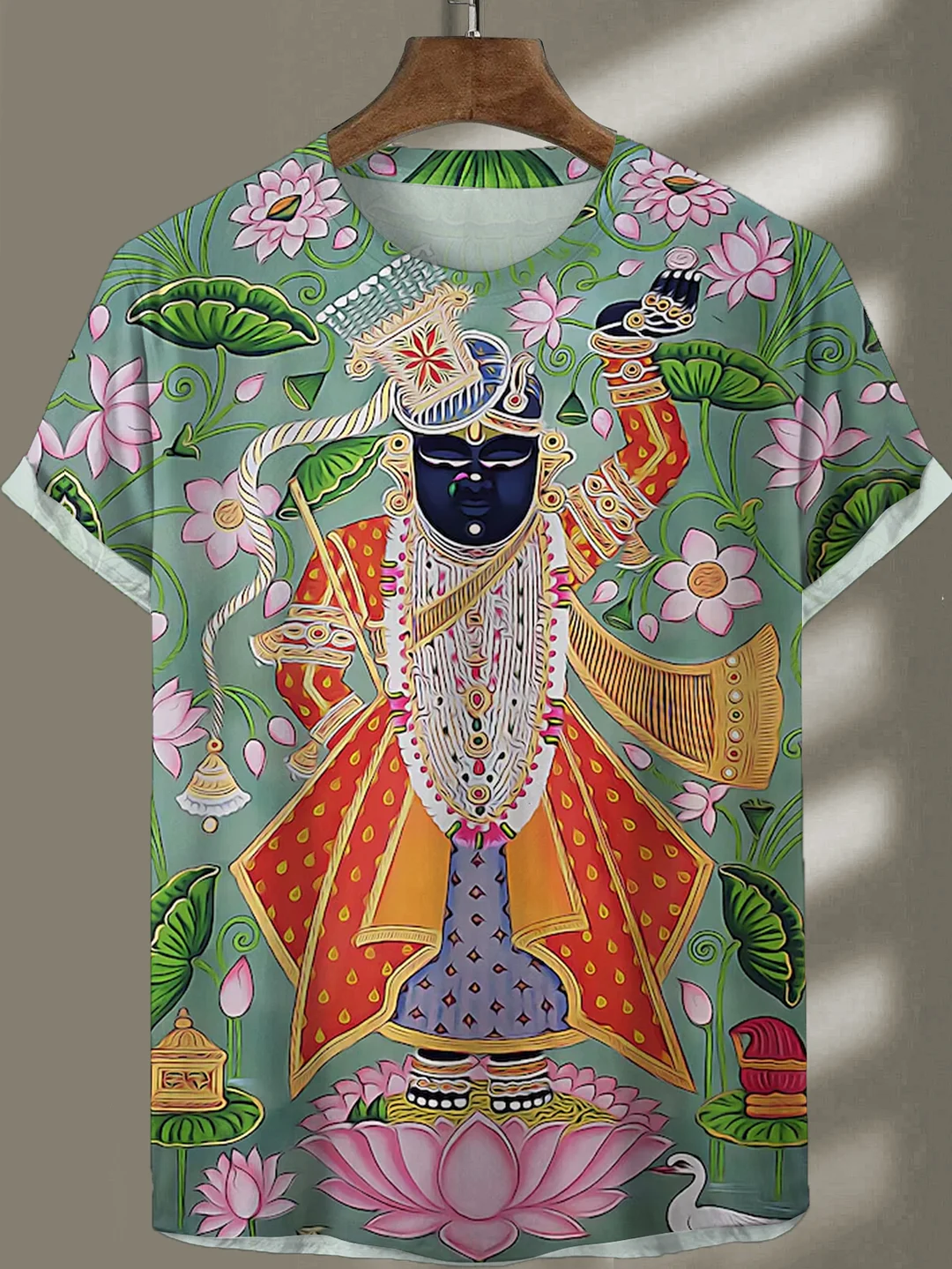 Men's Shreenathji Pichwai Lotus Indian Spiritual Art Print T-Shirt