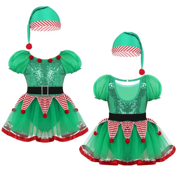 Toddler Kids Girls Christmas Clothes Costume Party Dresses + Christmas Hat Cosplay Outfit Set