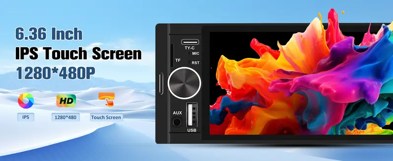 Product Introduction of Universal Single Din Car Stereo with Wireless CarPlay & Android Auto. 6.36 Inch IPS Touch Screen Head Unit with Backup Camera/External Microphone. Car Radio Supports Bluetooth/SWC/FM/USB/TF 13
