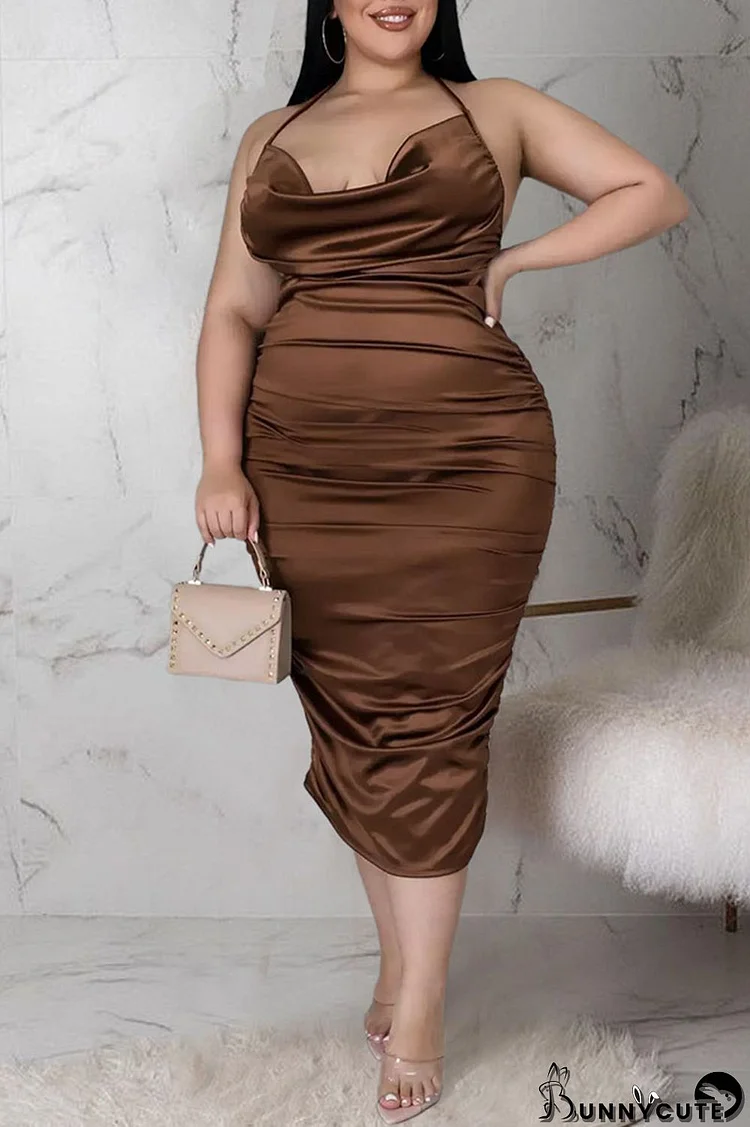 Coffee Sexy Solid Split Joint Backless Fold Halter One Step Skirt Plus Size Dresses