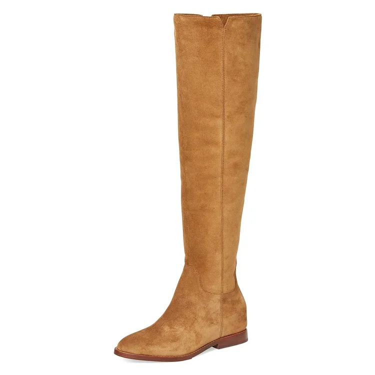 Suede Tan Boots Vintage Comfortable Flats Knee-high Boots |FSJ Shoes