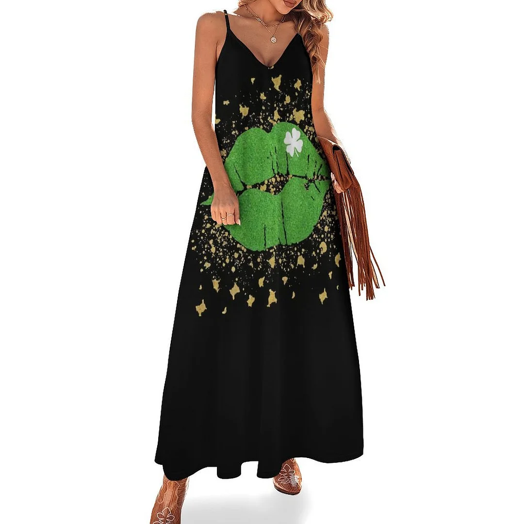 Style & Comfort for Mature Women Plus Size Printed Sling Casual Women Maxi Dress in Pattern St. Patrick's Day, Green, Clover, Lucky