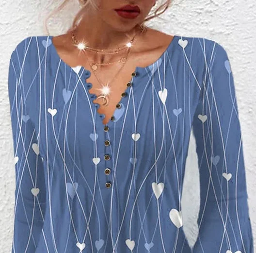 Women Long Sleeve V-neck Heart Printed Stitching Tops