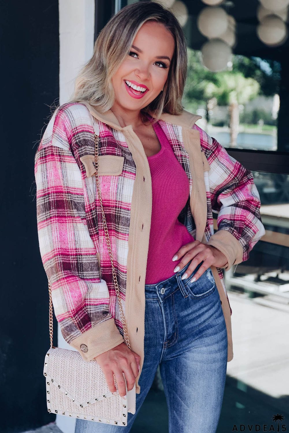 Rose Buttoned Contrast Trim Plaid Shacket