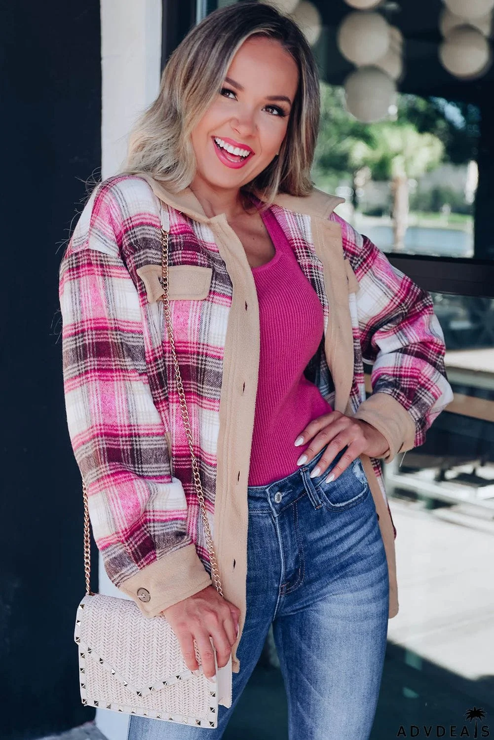 Rose Buttoned Contrast Trim Plaid Shacket