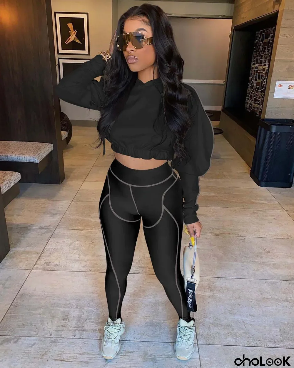 Solid Color Hooded Crop Tops And Pant Two Piece Set
