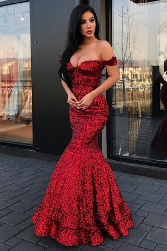 Charming Off-the-Shoulder Mermaid Sequins Prom Dresses Long - lulusllly