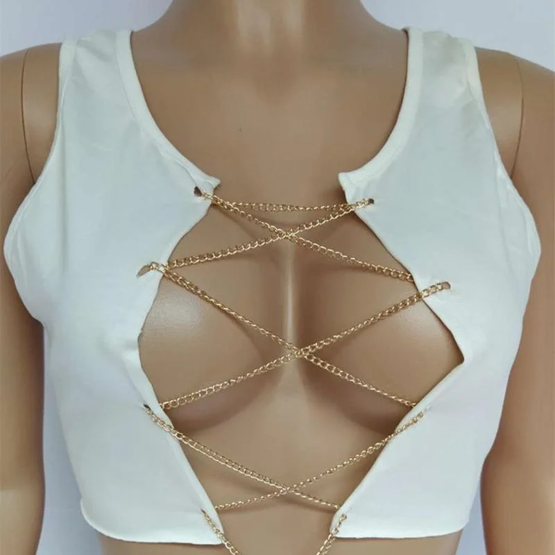 Red Black White Metal Chain Sleeveless Crop Top Sexy Clubwear Women Adjustable Lace Up Hollow Out Tank Tops Tees Camisole 1103-1