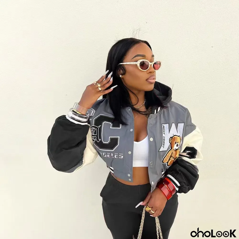 Women Casual Hat Pocket Print Baseball Jacket