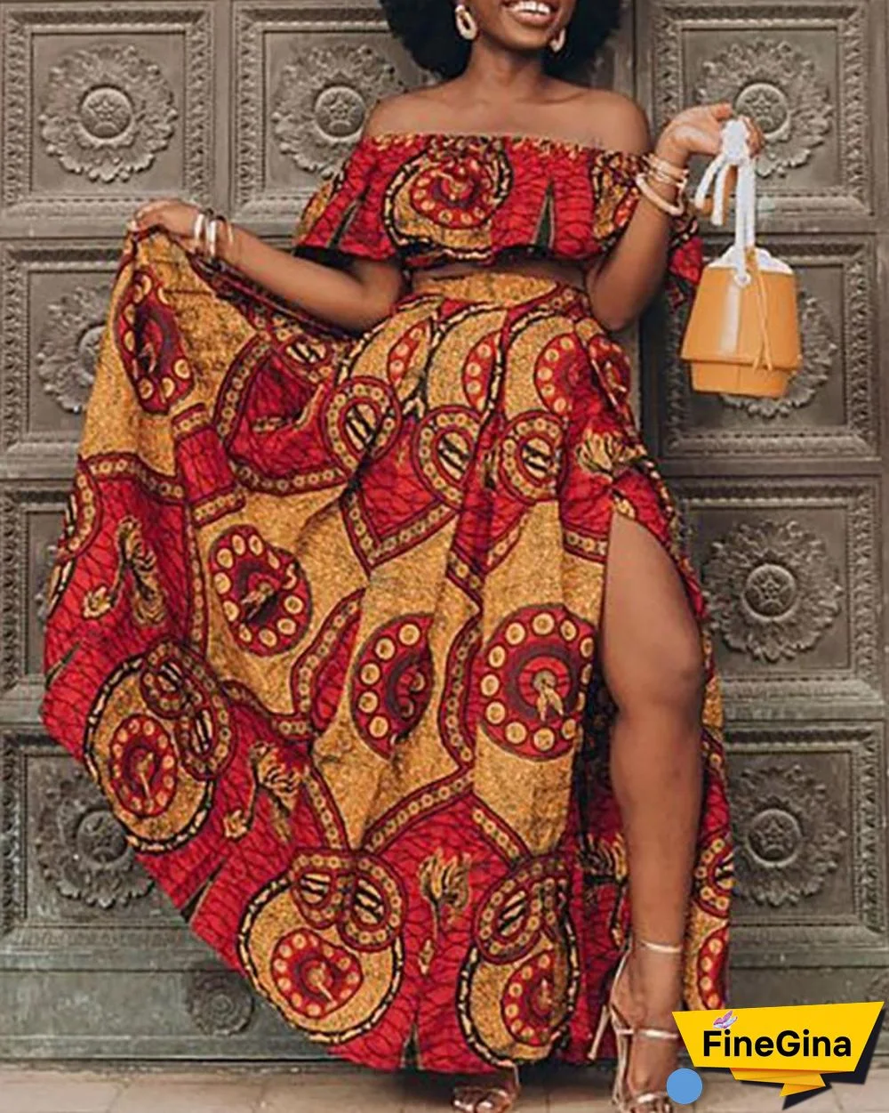 Leaf Print High Slit Maxi Skirt P13083