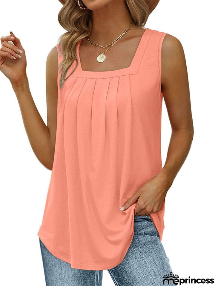 Ladies Slim Cozy Square Neck Pleated Tank Tops