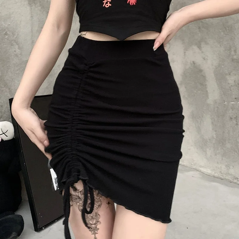 InsGoth Gothic Black MIni Skirt Harajuku Sexy Slit High Waist Skirt Streetwear Punk Skinny Ruched Bandage Skirt Summer Outfits
