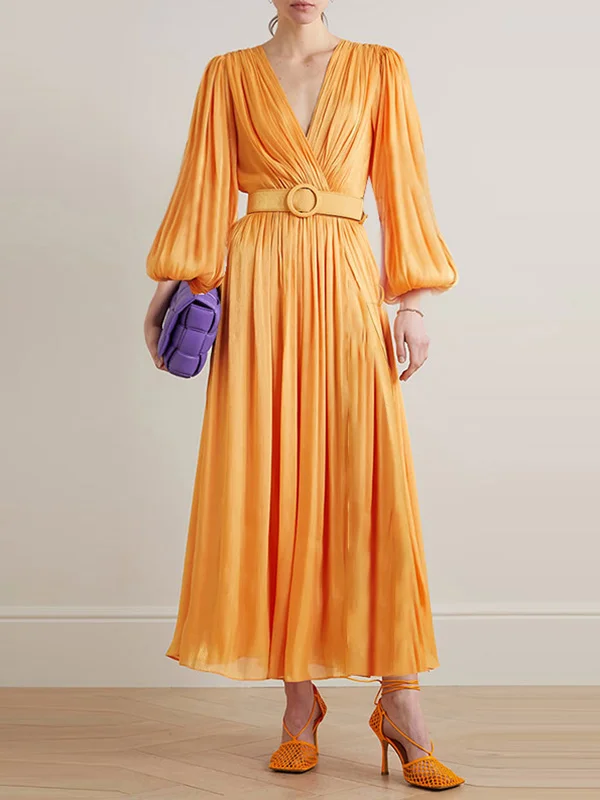 Solid Color Pleated Belted Puff Sleeves Loose V-Neck Maxi Dresses