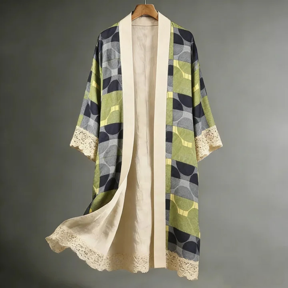 Japanese-style Geometric Line Art Linen Long Kimono  artssus