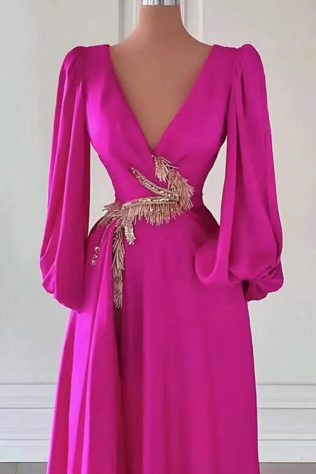 Fuchsia Ruffle Shoulder Plunging V Neck A-line Lace-Up Long Prom Dress VK23103002