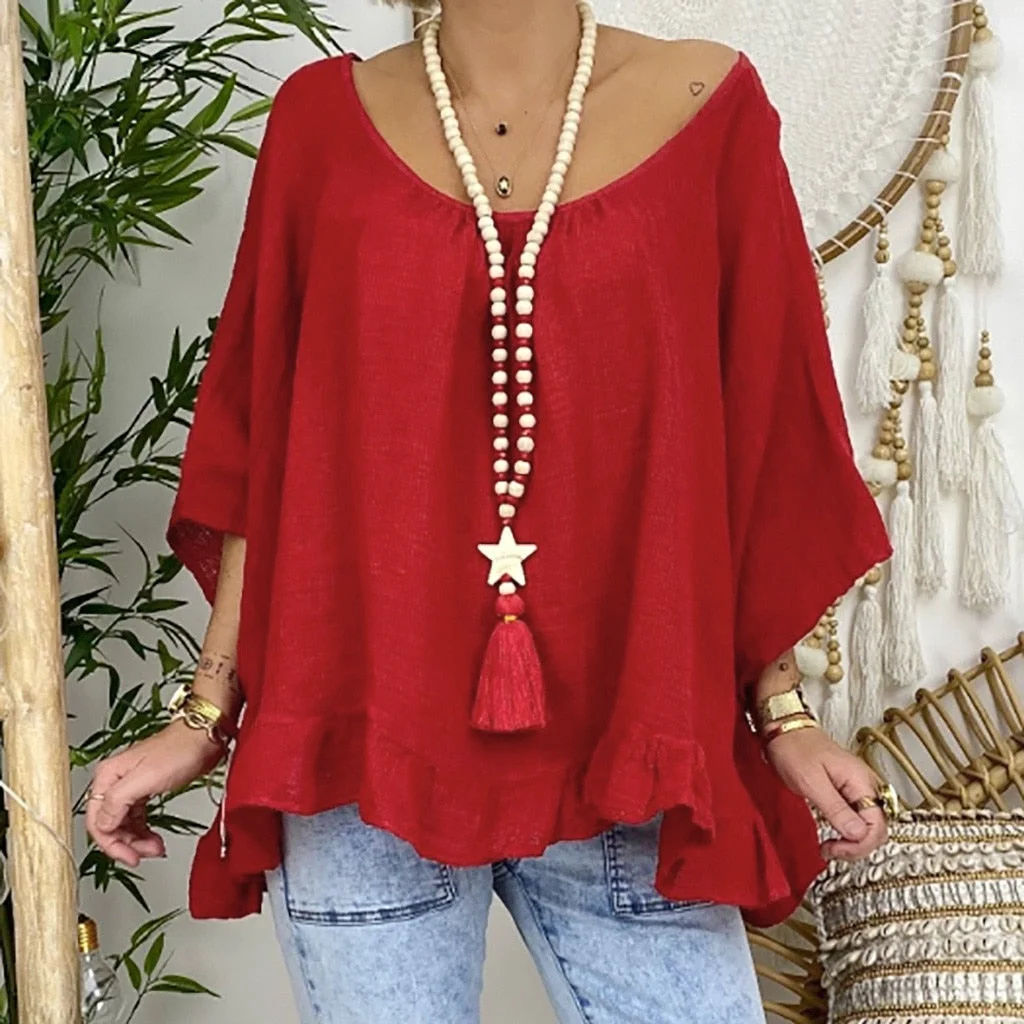 Plus Size Fashion Cotton Linen Blouse Shirt Solid Loose O-Neck Tops Casual Summer Ladies Female Women 3/4 Sleeve Blusas Pullover 915