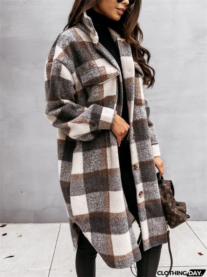Women's Fashion Long Plaid Shacket Coat