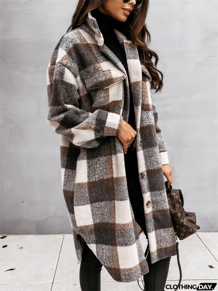 Women's Fashion Long Plaid Shacket Coat