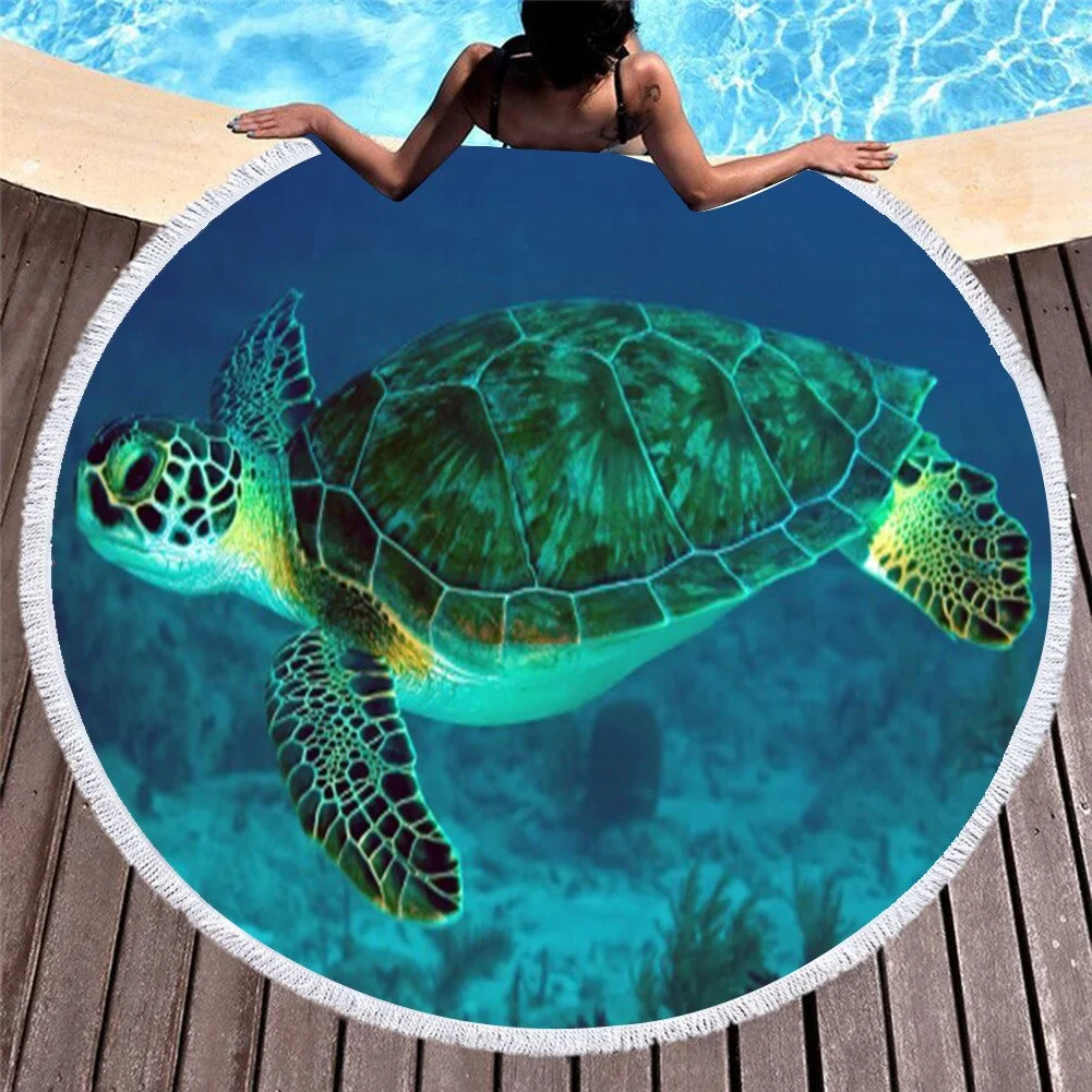 Sea Turtle Printed Round Beach Towel Microfiber Compressed Bath Towel For Adults Kids Summer Quick-Dry Beach Towel With Tassels