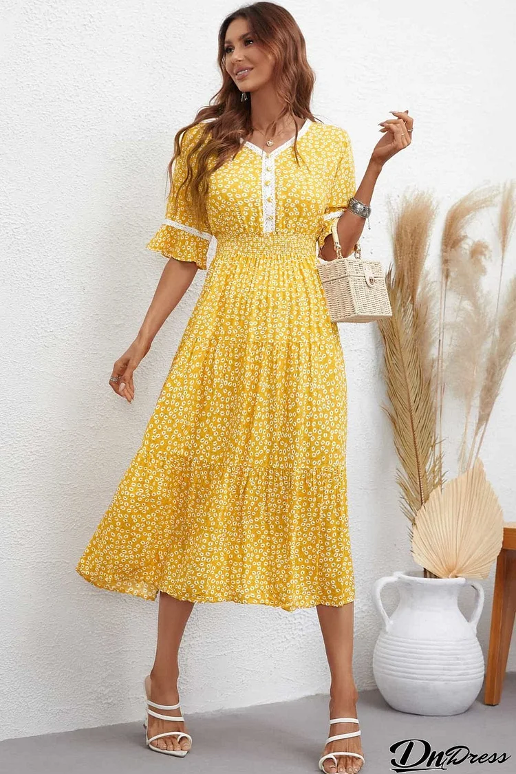 Floral V-Neck Smocked Waist Midi Dress