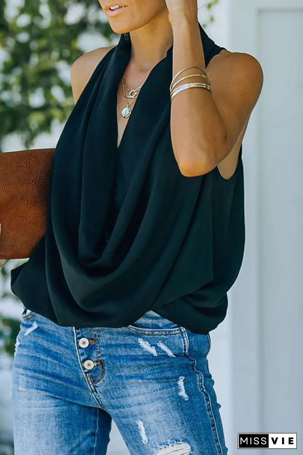 Sweet Elegant Print Scarf Collar Tops