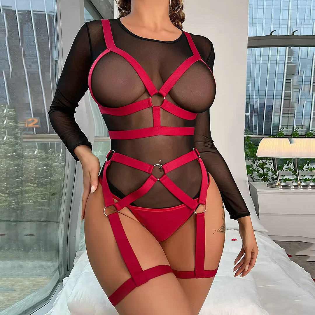 Uveng New Sexy Women's Babes Spliced Joint Strapped Lingerie Suit