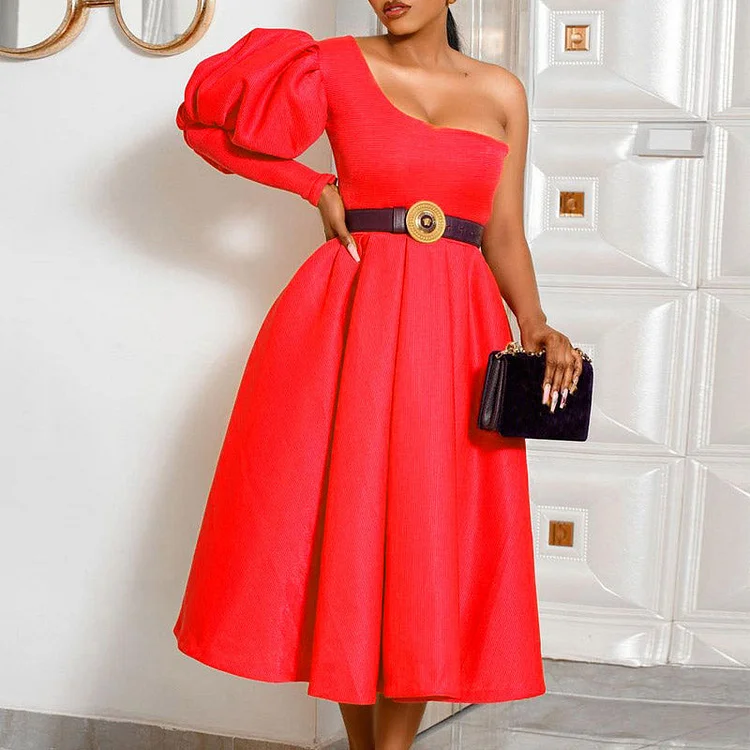 Fashion One Shoulder Long Puff Sleeve Big Swing Hem Dress - IRBOOM Fashion Clothing