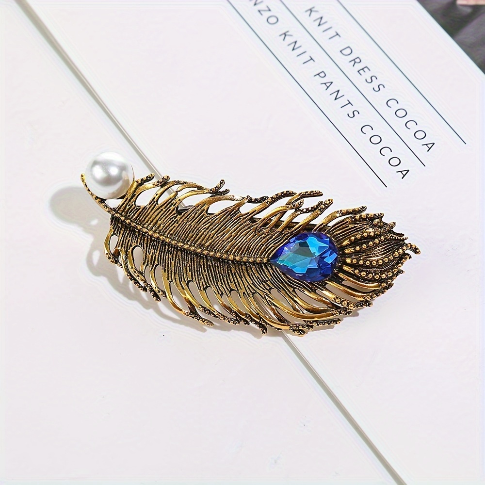 Vintage Elegant Feather Hair Clip with Imitation Pearls, Alloy Oblong Leaf Spring Barrette, Color Matching Hair Accessory for Women and Girls 14+, Single Piece