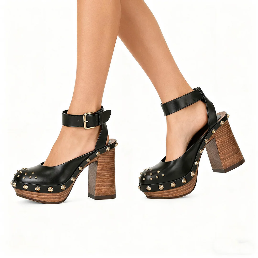 Faux Leather Chunky High Heel Studded Platform Black Pumps with Buckle