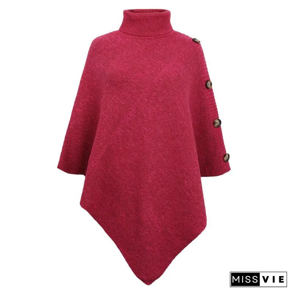 High Neck Plain Button Embellished Sweater Shawl