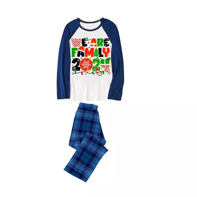Christmas "We are Family" Colorful Multi-Element Letter Print Blue & Black Plaid Family Matching White Pajamas With Dog