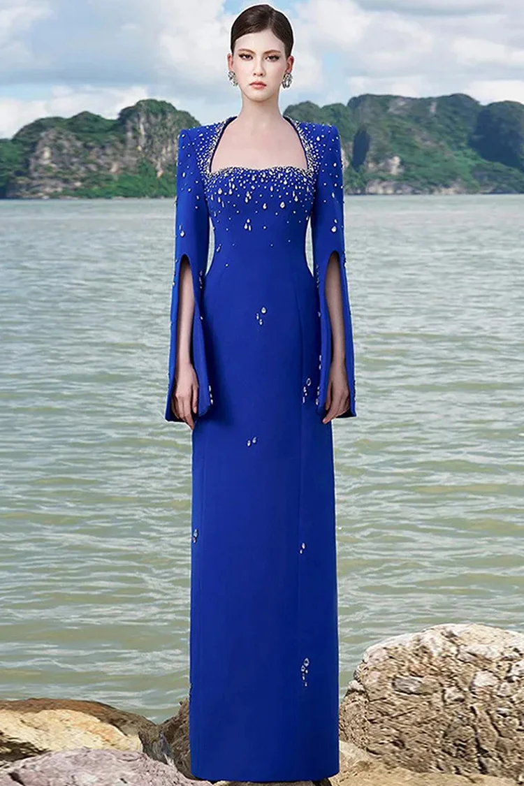 Rhinestone Square Neck Slit Long Sleeve Maxi Dress-Royal Blue