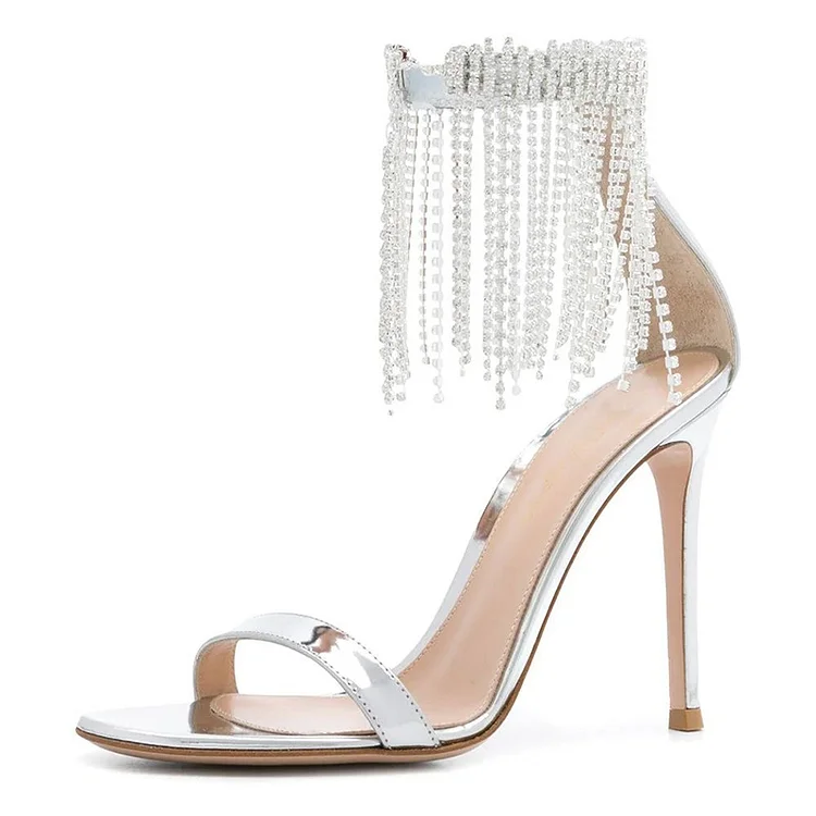 Silver Metallic Rhinestones Ankle Strap Heels Sandals |FSJ Shoes